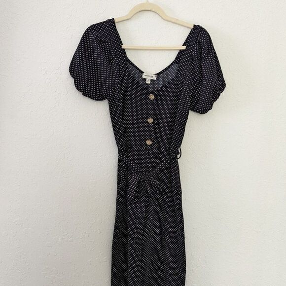 Women's Monteau Romper XS Dark Black White Polka Dots Capris Pant Button Pockets - Picture 2 of 8